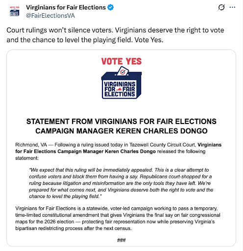 Screenshot from Virginians for Fair Elections Twitter.